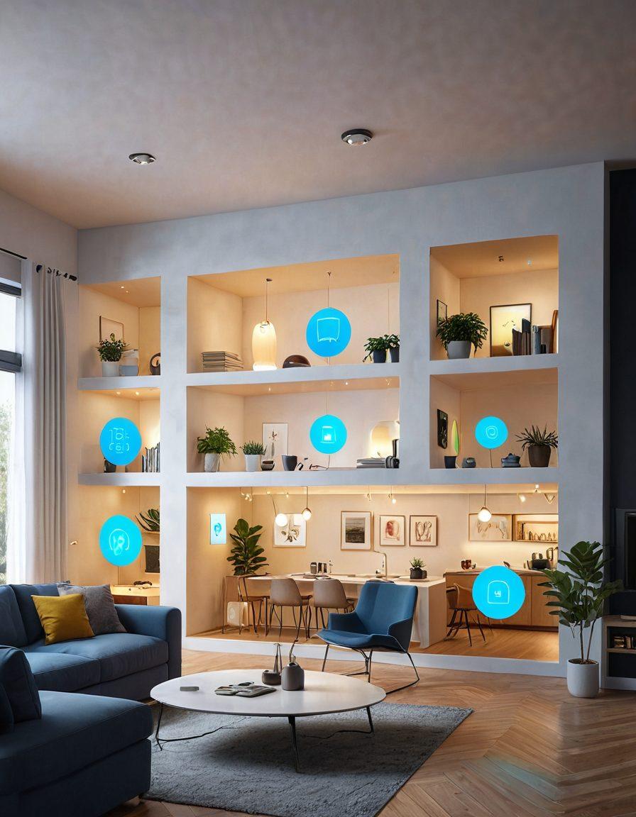 A modern, sleek smart home interior, featuring interconnected IoT devices like smart lights, a thermostat, and voice assistant. Highlight seamless data flow in a network web above the devices. Include diverse family members enjoying a connected lifestyle. Super-realistic. Vibrant colors. 3D.