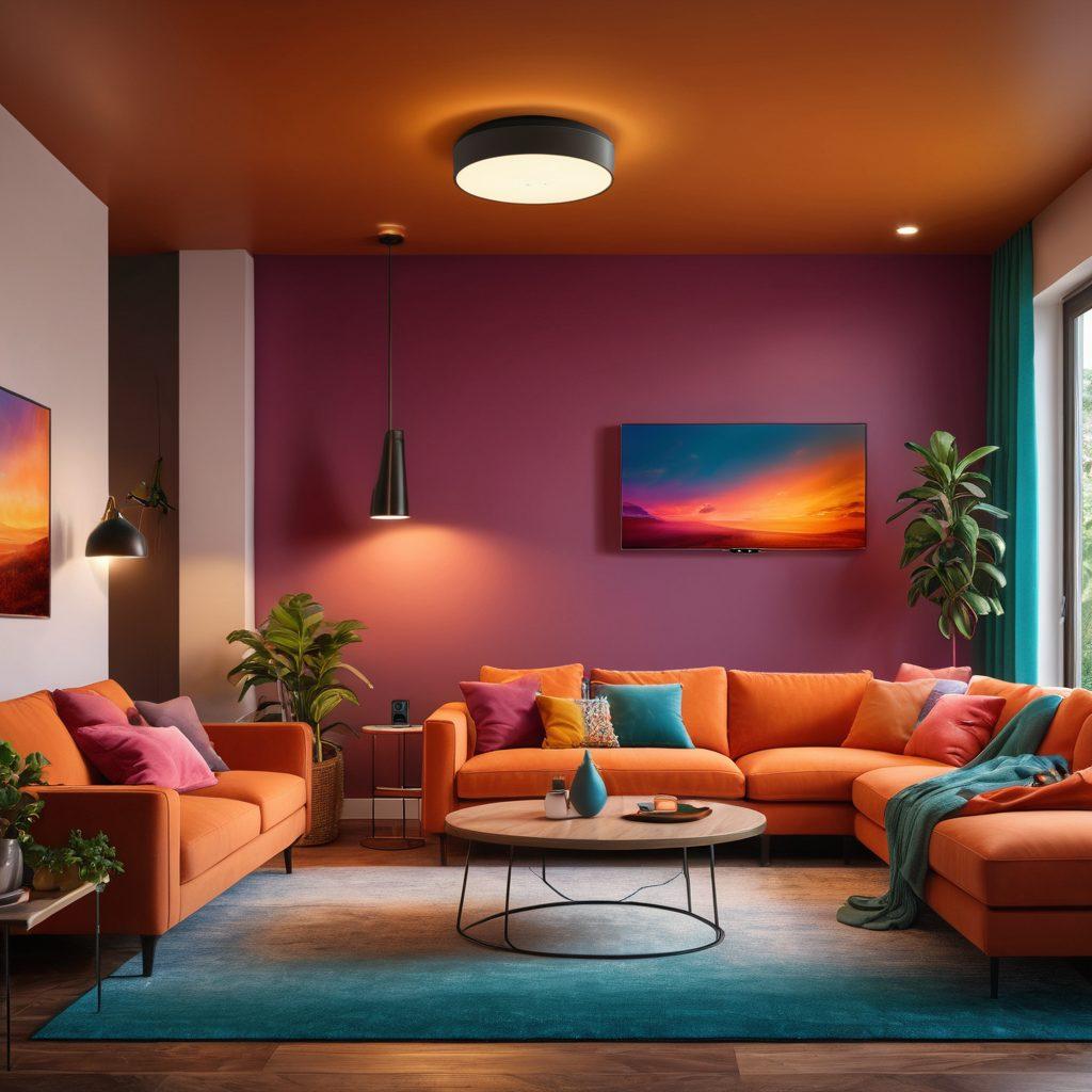 A modern home interior with smart gadgets seamlessly integrated, including a voice-controlled assistant, smart thermostat, and automated lights. A cozy living room with a family enjoying the ambiance, emphasizing comfort and security. Super-realistic. Vibrant colors. Soft lighting.