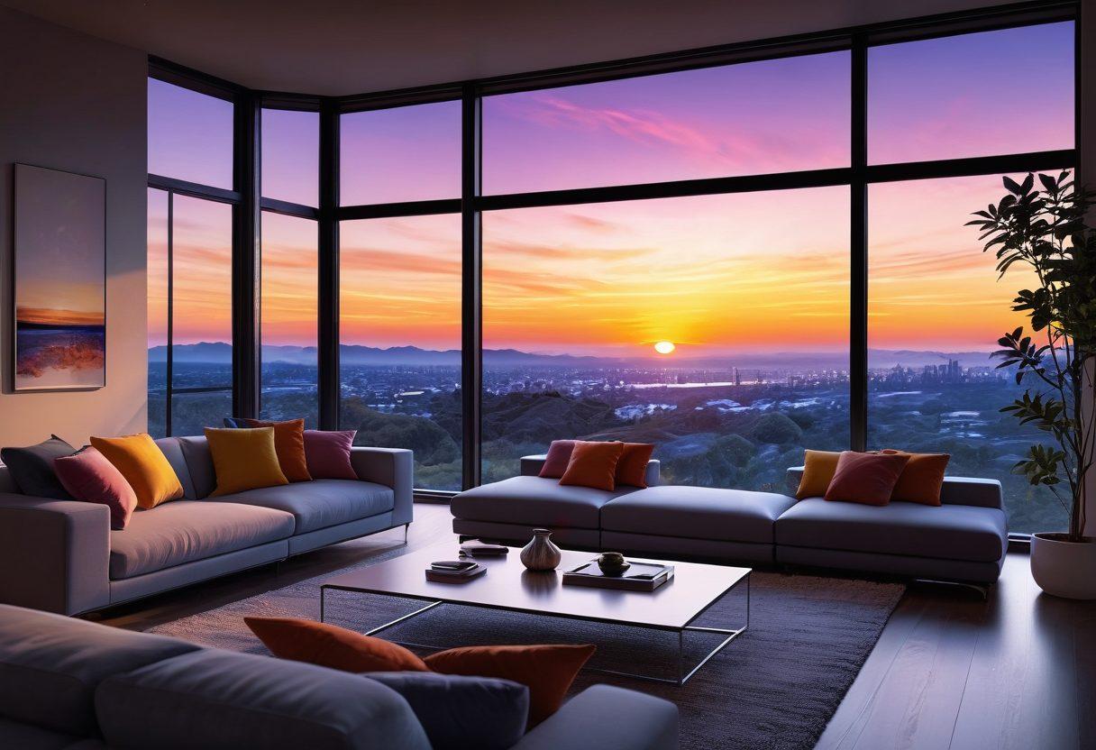 A futuristic living room filled with smart home devices, like voice-activated assistants, smart lighting, automated blinds, and a sleek touchscreen control panel on the wall. Large windows offering a sunset view, with a cozy couch and modern decor emphasizing comfort and innovation. super-realistic. vibrant colors.